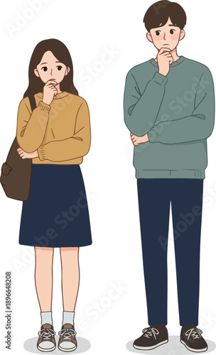 Couple Thinking With Worried Faces Casual Outfits Neutral Background Minimalist Illustration