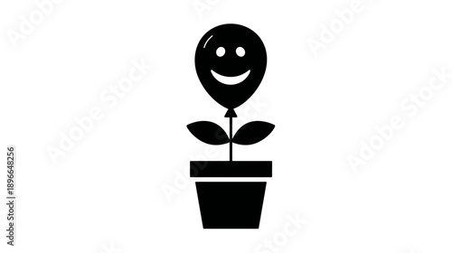 A smiling balloon plant growing from a pot, drawn in solid black against a clean white background