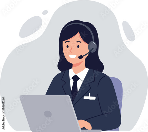 Customer Service Operator Woman With Headset Working On Laptop Vector Flat Illustration