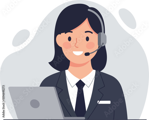 Customer Service Woman Wearing Headset and Suit with Laptop Flat Design
