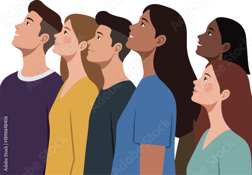 Diverse Group of People Looking Up Upbeat Colorful Flat Design