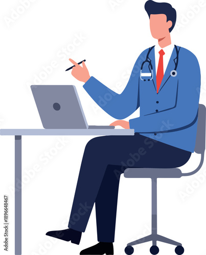 Doctor In Blue Suit At Desk With Laptop Flat Illustration