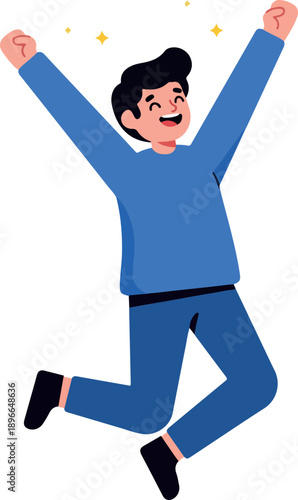 Excited Man Jumps In Blue Outfit Against White Background With Stars