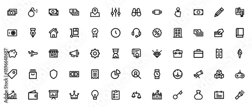 Business icon set. Vector illustration pack featuring cash, money, credit card, piggy bank, briefcase, chart, shield, and more. Editable thin line symbols.