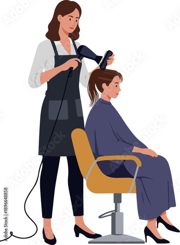 Hairdresser Drying Client Hair in Salon Minimalist Illustration Flat Design
