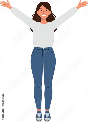 Happy Woman White Sweater Blue Jeans Arms Wide Open White Background Minimalist Vector