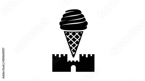 Black and white illustration of an ice cream cone atop a castle, simple and graphic