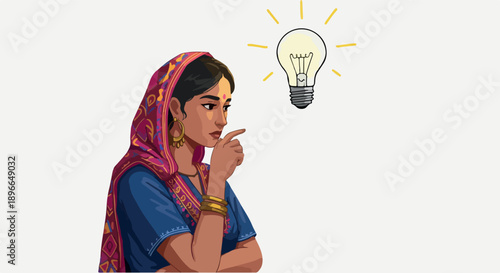 Indian Woman Thinking With Light Bulb Idea on White Background Pixel Art