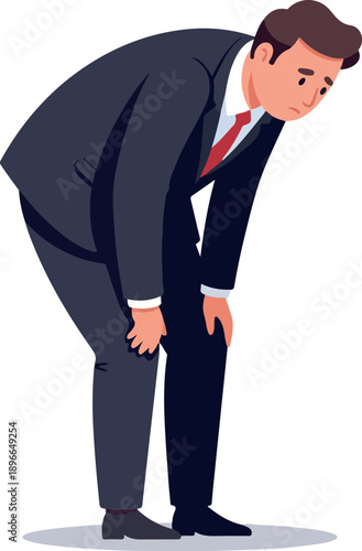 Man In Suit Bending Down With Tired Expression On White Background