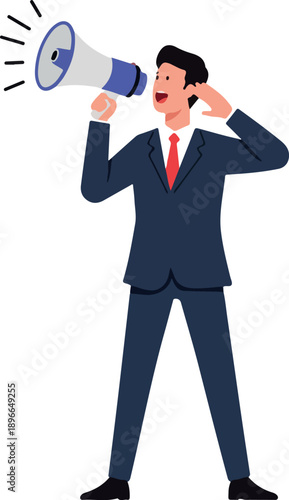 Man in Suit Announcing Loudly with Megaphone Simple Flat Illustration