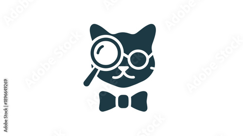A stylized illustration features a detective cat with magnifying glass, glasses, and bow tie
