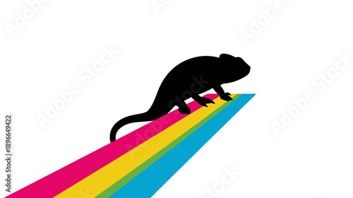 A black silhouette of a reptile with a curled tail is on a diagonal, colorful surface