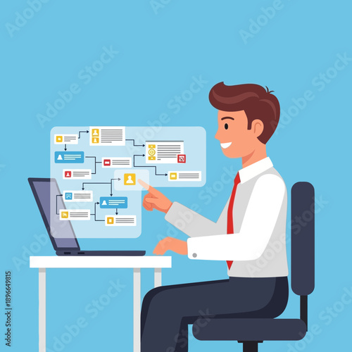 Businessman interacting with digital flowchart on futuristic interface