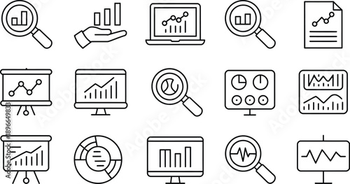 Data analysis icon vector set, profit graph and data science illustration symbols for analytics dashboards, business reports, financial growth concepts, statistics, and modern infographic design