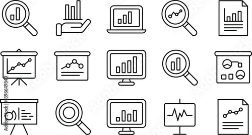 Data analysis icon vector set, profit graph and data science illustration symbols for analytics dashboards, business reports, financial growth concepts, statistics, and modern infographic design