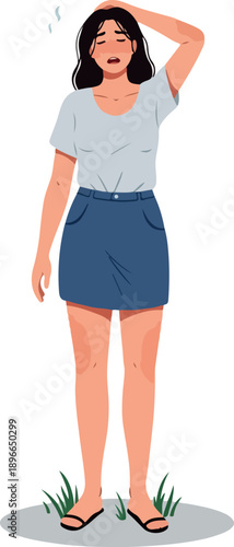 Pixel Art Woman Sweating Hot Summer Day Feeling Overheated White Background