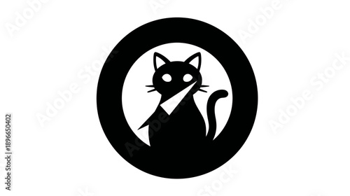 A silhouette of a cat inside a circle, with a geometric shape obscuring parts of its body