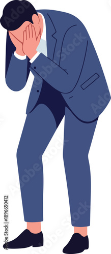 Sad Businessman in Blue Suit Holding Head in Hands Isolated White Background