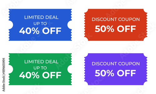 Set of colorful limited deal promo coupons with 40 and 50 percent off promotions