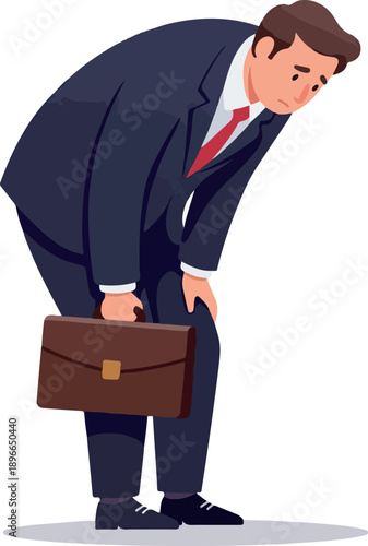 Sad Businessman In Suit Bows Head Holding Briefcase Exhausted And Defeated