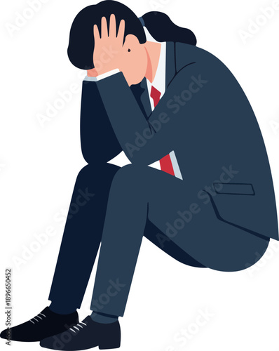 Sad Businessman Sitting Holding Head Dark Suit Red Tie White Shirt Isolated