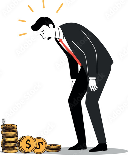 Sad Businessman Stressed Over Falling Coins White Minimalist Vector Art