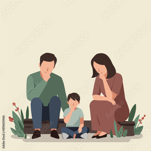 Sad Family Portrait Minimal Illustration Flat Design Muted Colors