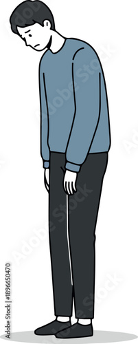 Sad Man Bowing Deeply Blue Sweater Black Pants Isolated Pixel Art