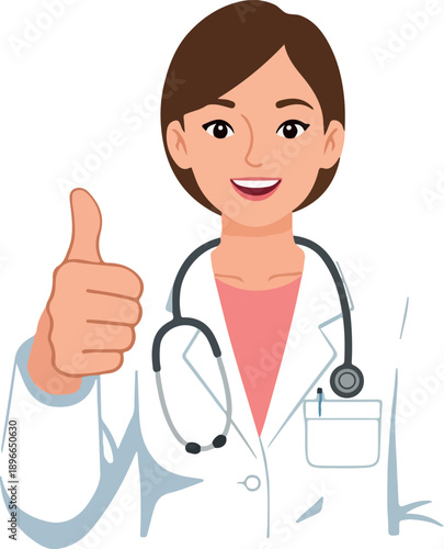 Smiling Female Doctor With Thumbs Up White Coat Stethoscope Pink Top