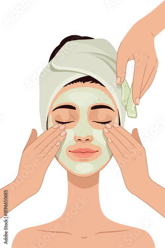 Spa Face Mask Application Woman With Towel Wrapped Hair