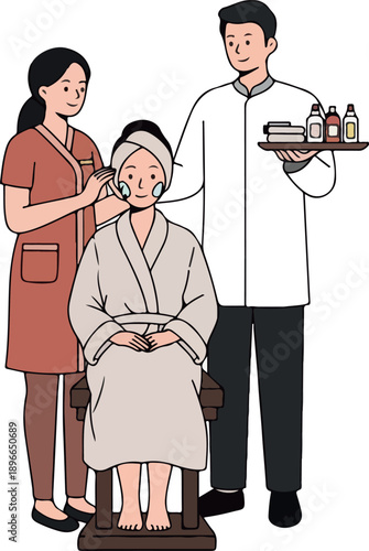 Spa Facial Treatment With Two Technicians White Robe Light Skin Tones