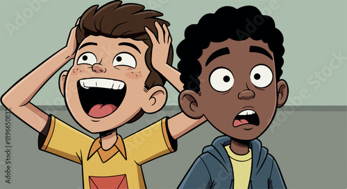 Two Cartoon Boys Excited and Shocked by Hand Actions Minimalist Flat Illustration