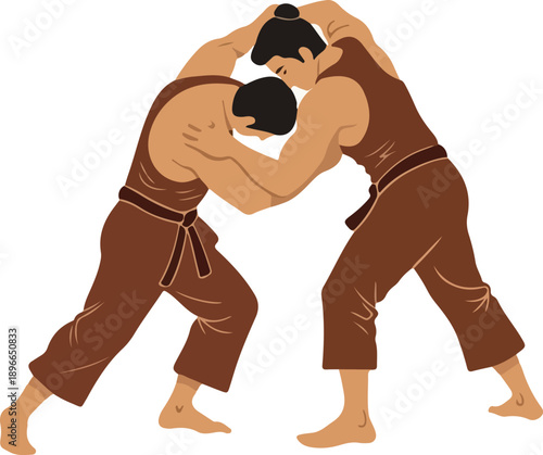 Two Men Grappling in Brown Wrestling Outfits with Tied Belts Isolated