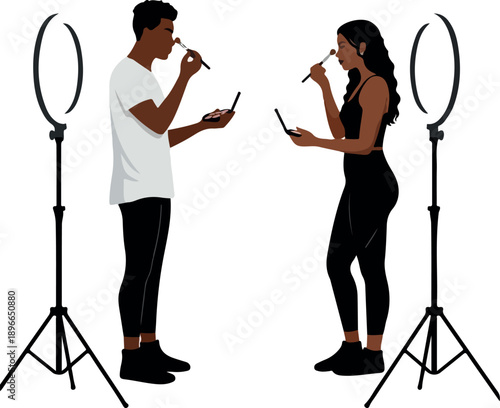 Two People Applying Makeup With Ring Lights Flat Design Isolated