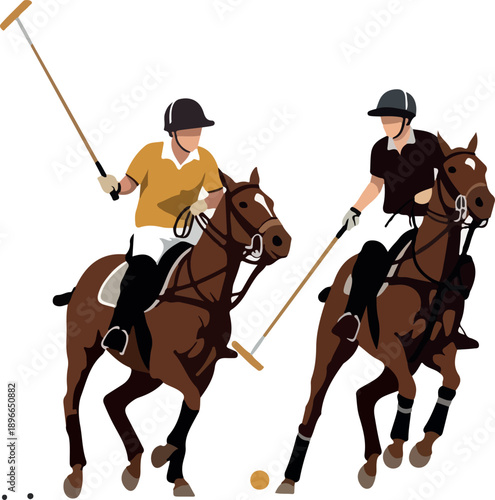 Two Polo Players on Horseback with Mallets on White Background Flat Design