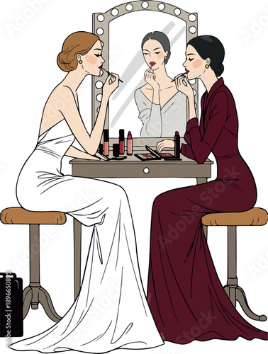 Two Stylish Women Applying Makeup Together In Front Of A Lighted Mirror