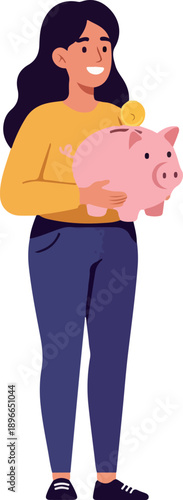 Woman Holding Pink Piggy Bank with Golden Coin Saving Money Flat Design