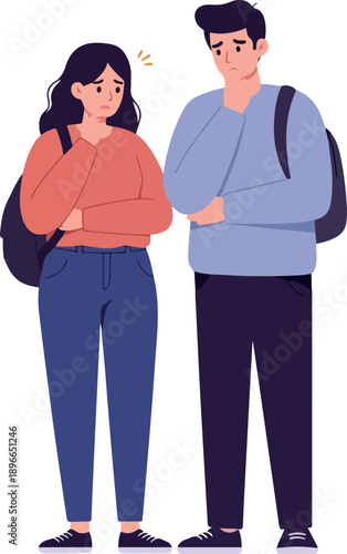 Worried Teen Couple Backpacks Casual Outfit Flat Design