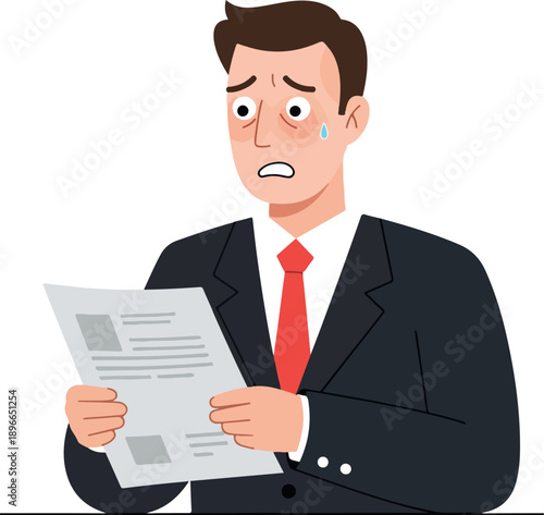 Worried Man In Suit With Red Tie Reads Document And Sweats