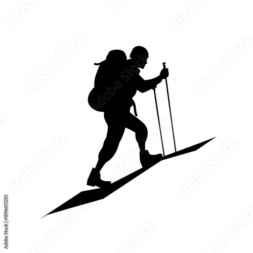 Person hiking uphill with trekking poles, vector illustration