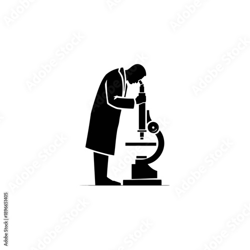 Scientist examining specimen through microscope in laboratory setting, vector illustration