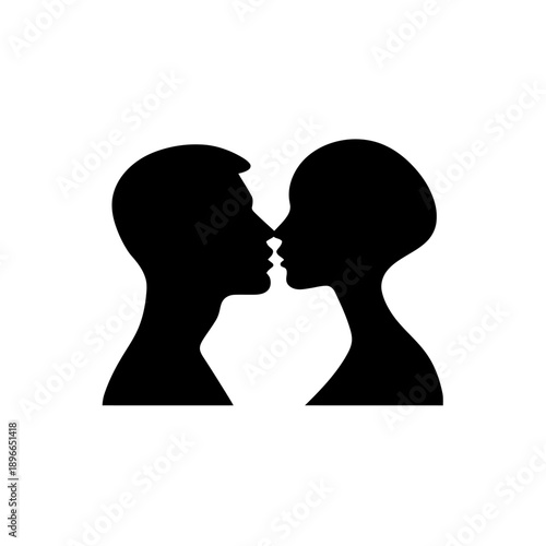 Silhouette of two people kissing closely viewed from the side, vector illustration
