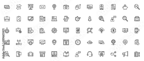 Digital marketing icon set. Vector line icons pack for analytics, email, strategy, social media, startup, and more. Editable stroke illustrations.