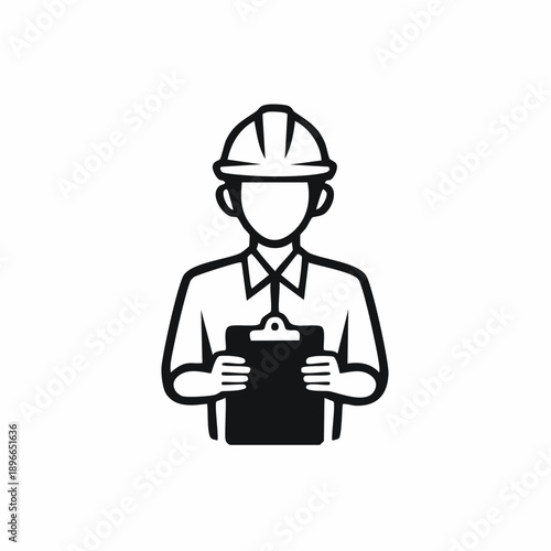 Black and white icon of a worker wearing a hard hat and holding a clipboard, representing an inspector or engineer.