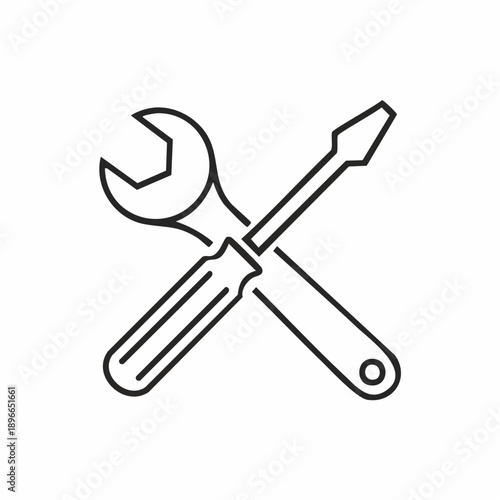 Line art icon of a crossed wrench and screwdriver, symbolizing tools and maintenance.