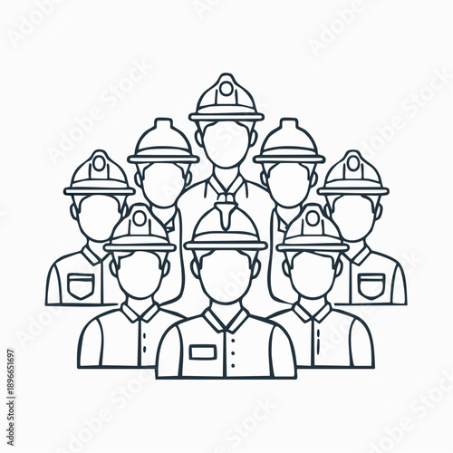 Outline illustration of a group of construction workers or engineers wearing hard hats, representing teamwork and industry.