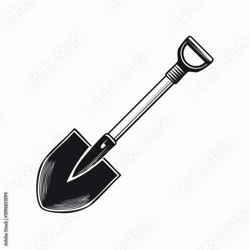 Black and white illustration of a garden shovel with a D-handle and pointed blade.