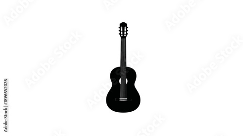 A simple, black silhouette of an acoustic guitar, set against a stark white backdrop