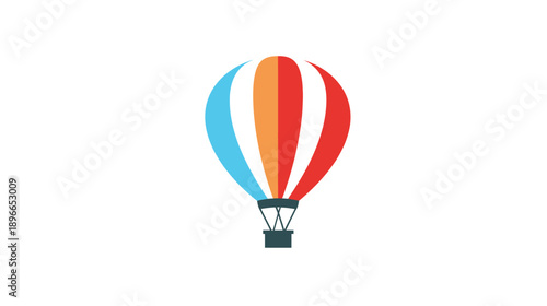 A vibrant hot air balloon illustration, featuring blue, orange, and red panels and a basket