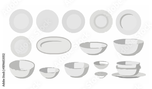 Empty Plate and Bowl Vector Icon Set Isolated on White Background for Kitchen Design